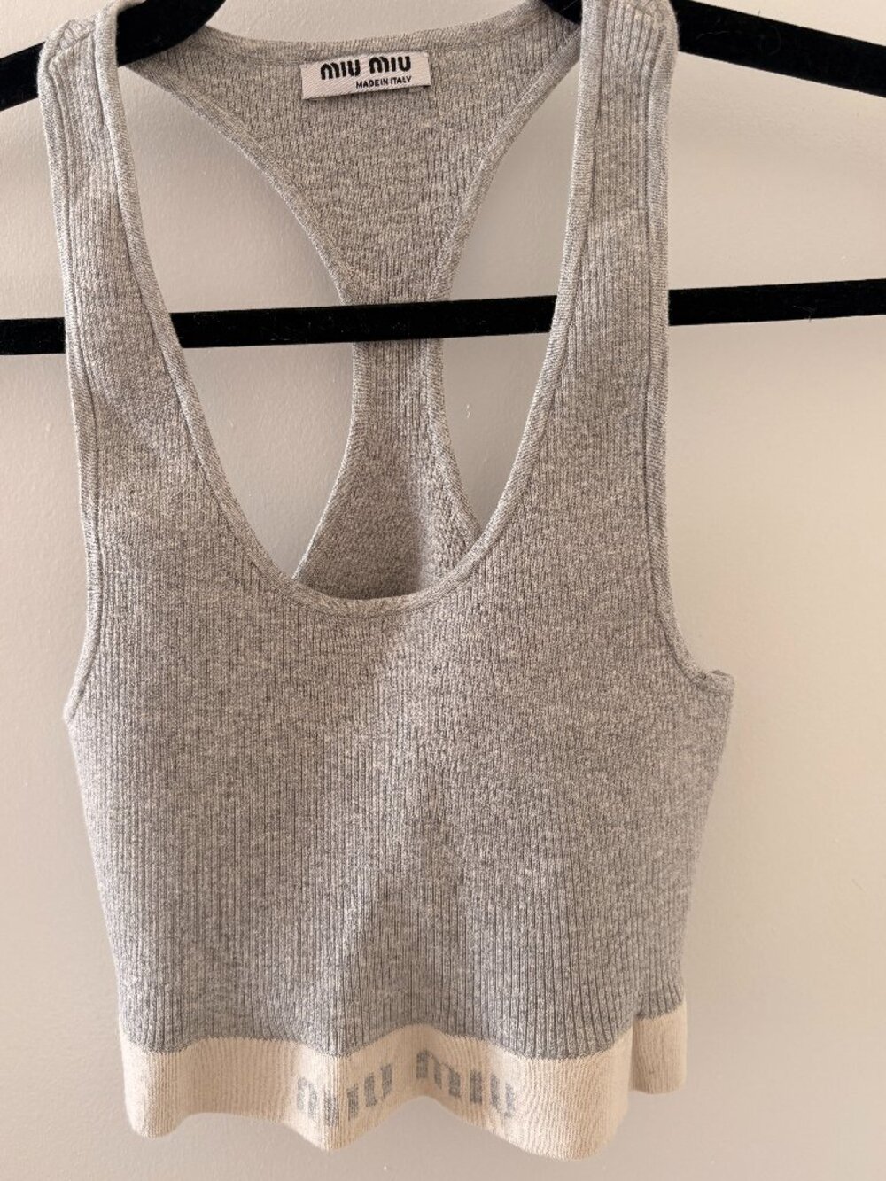 Miu Miu Gray Ribbed Knit Racerback Crop Top Logo Embroidered Band 38